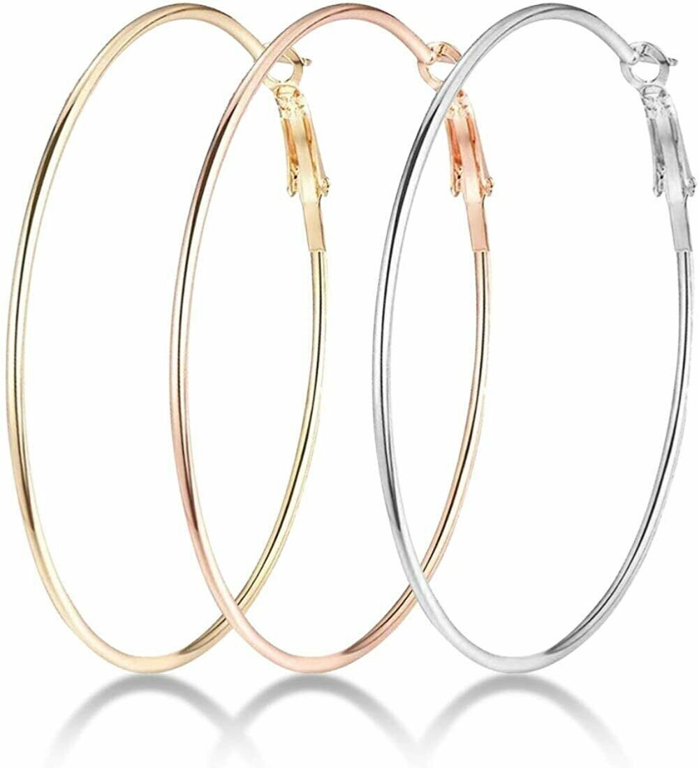 3 Pair of Large Hoop Earring Stainless Steel Hoop Earrings 14K Gold Plated