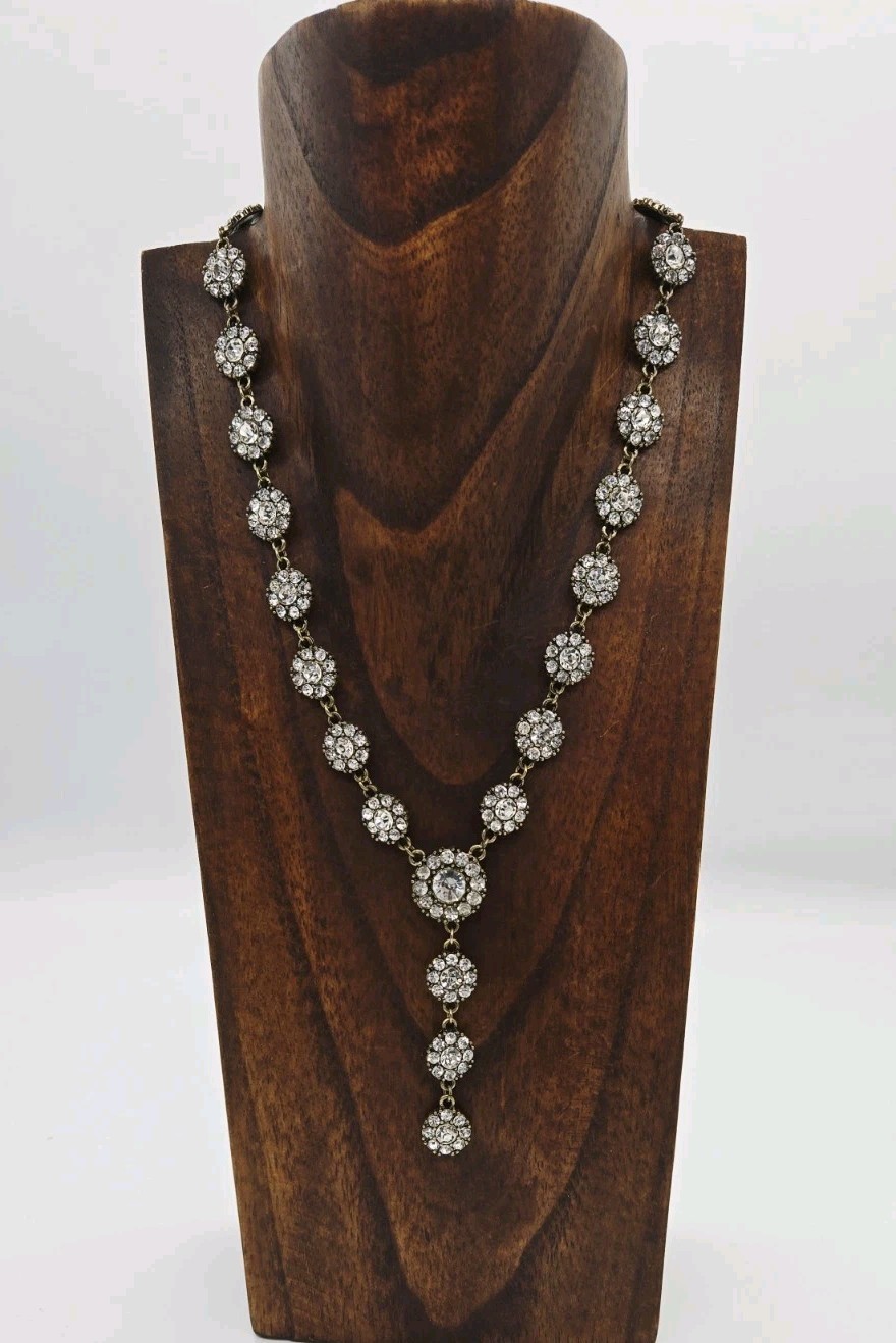 Flower Crystal Rhinestone Necklace Y Drop Gold tone Wedding Prom Pageant 20.5 in