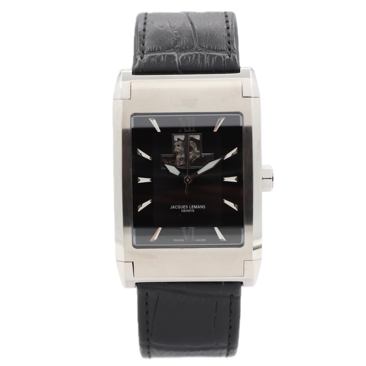 NOS 32mm Jacques Lemans GU186A Geneve Open Heart Tank Style Black Dial Automatic
