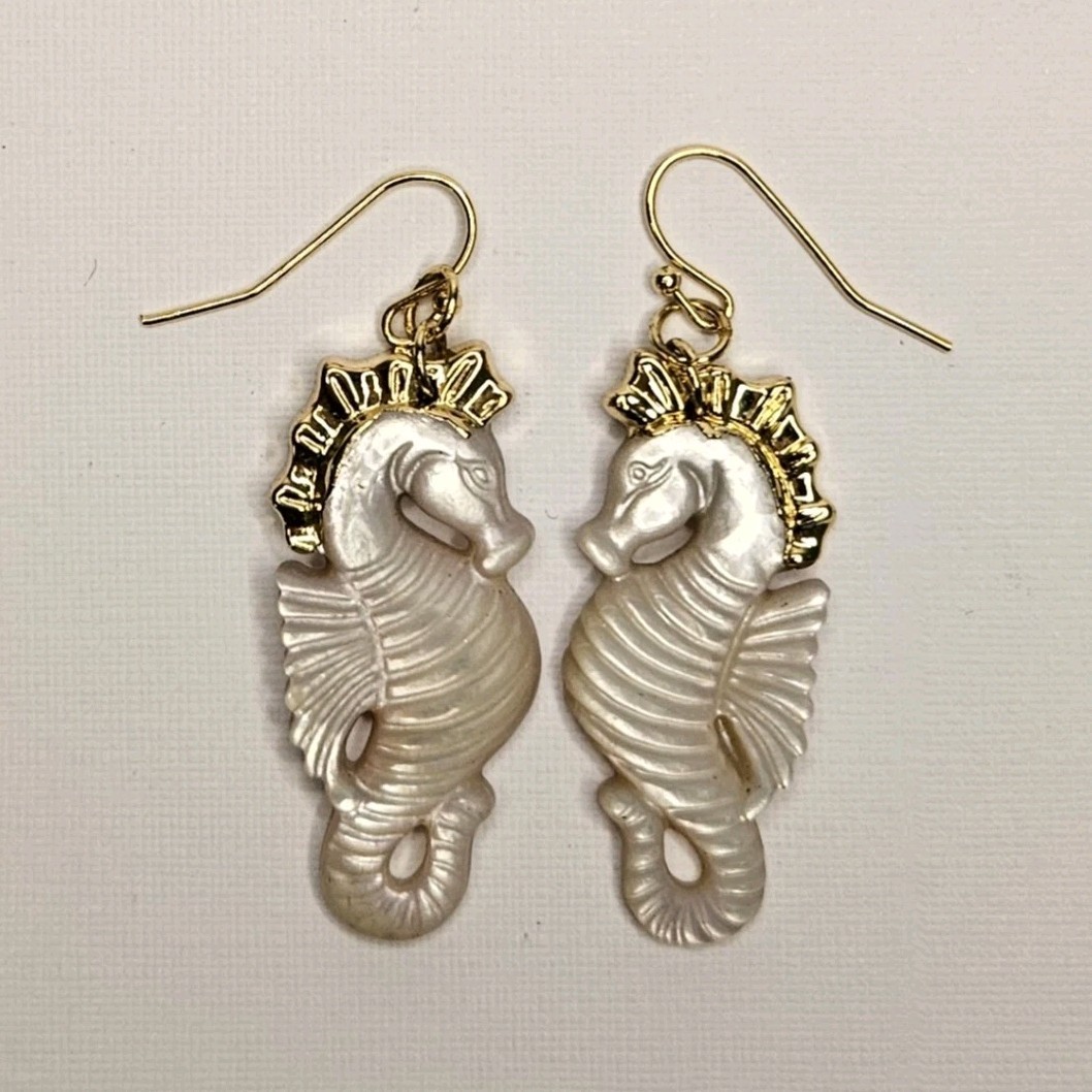 Mother of Pearl Seahorse Dangle Drop Hook Earrings Gold Tone White Shell