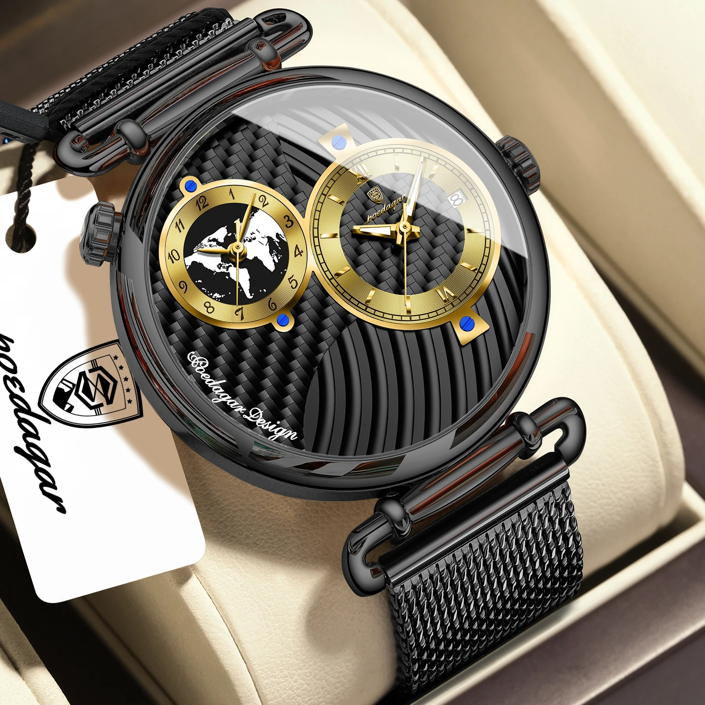 POEDAGAR Sport Man Wristwatch Multiple Time Zone Display Waterproof