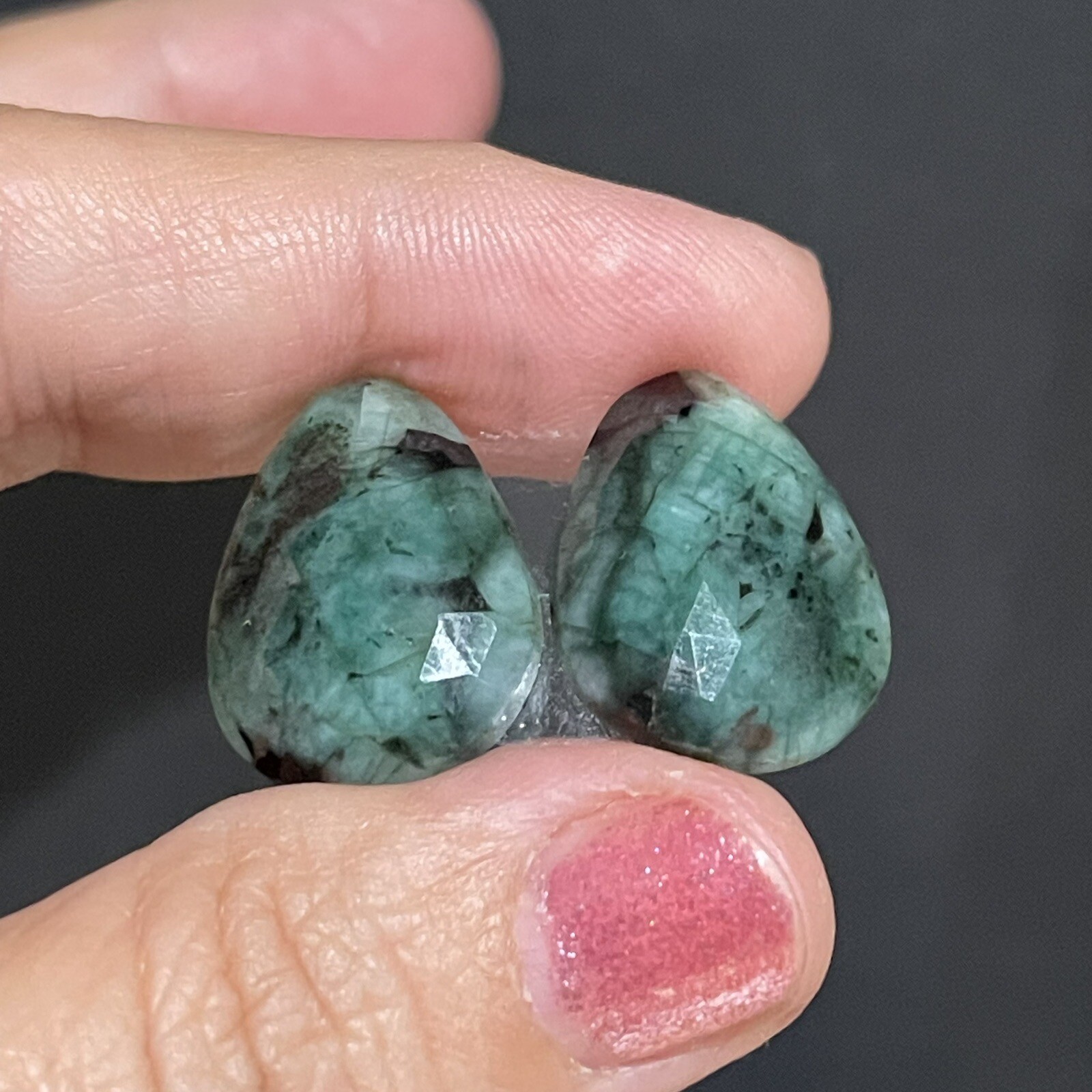 24.3ct 22×15.8×4.7mm Pair Green Emerald Rose Cut Flat Back Teardrop Cabochons