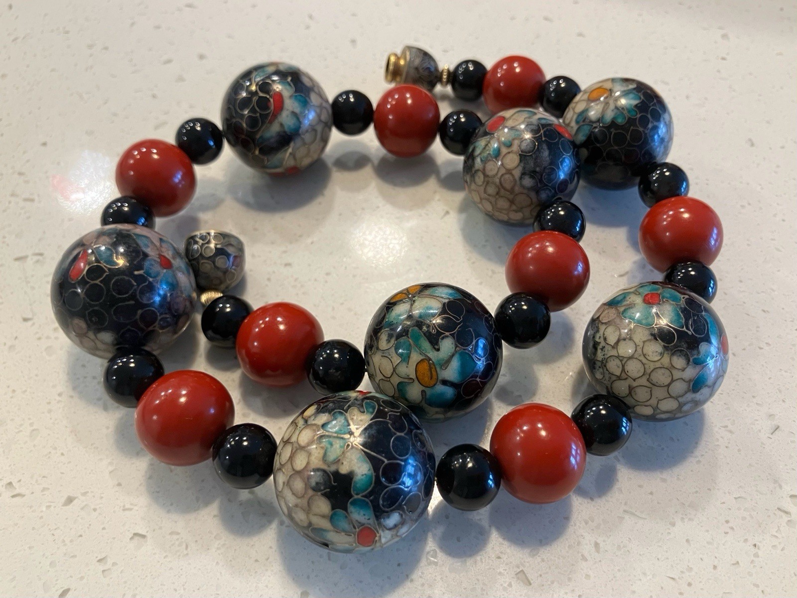 Vintage Huge Chinese Cinnabar Cloisonne Bead Necklace
