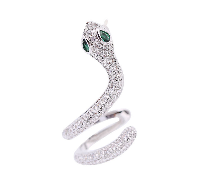18k white gold CZ snake green eyes single left earring ear cuff climber Box PE37