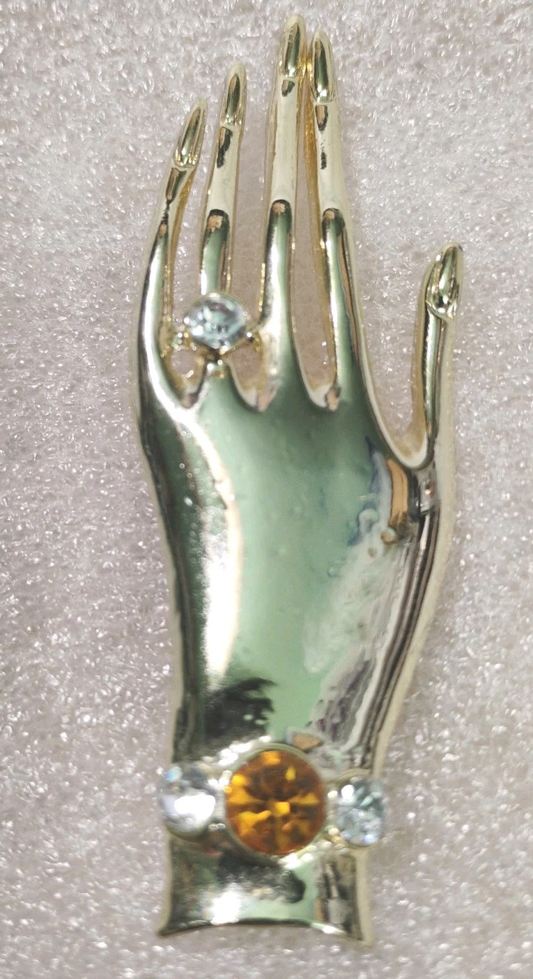 HAND WITH CRYSTAL RING AND BRACELET BROOCH PIN VINTAGE Gold Color METAL