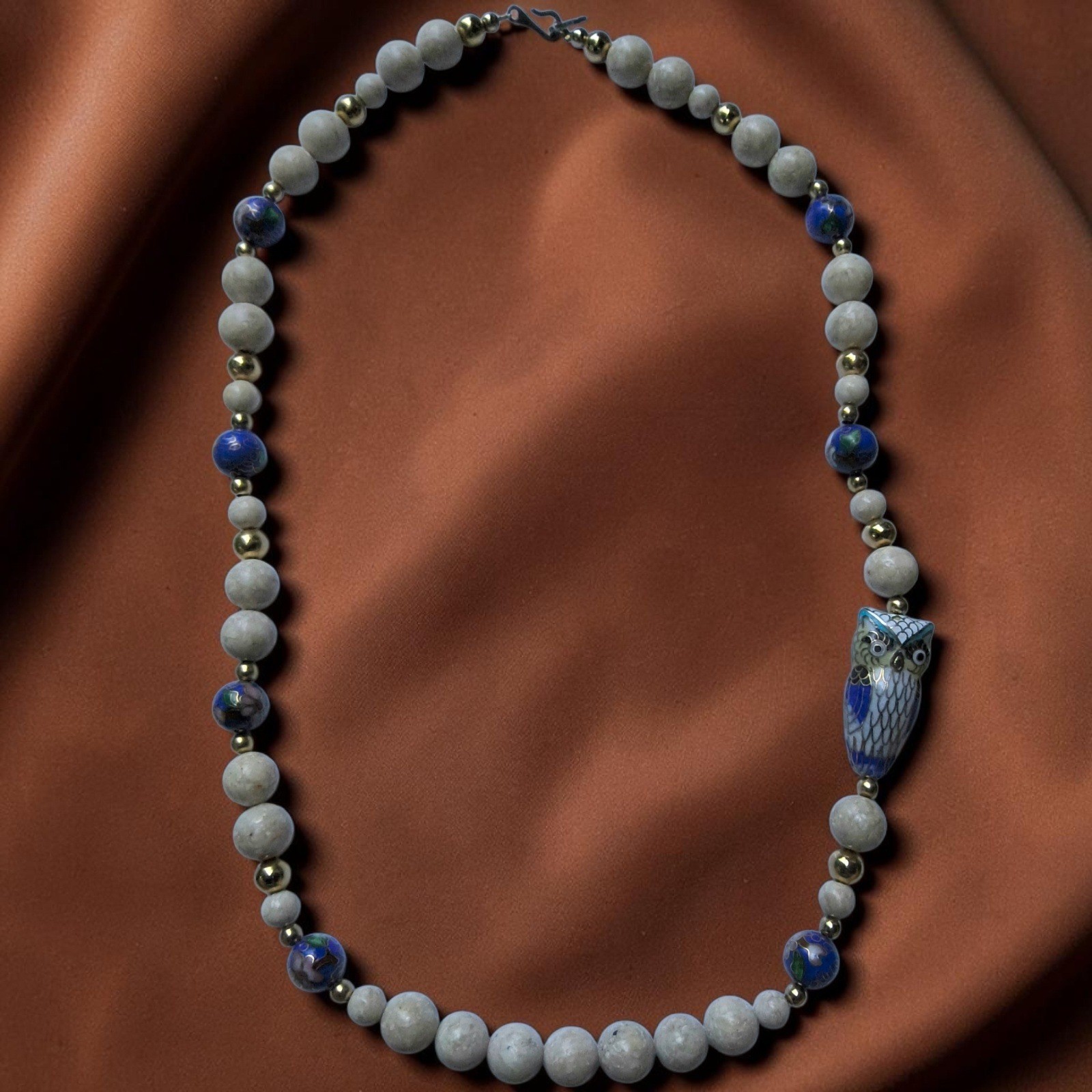 Vintage Cloisonné Owl Necklace Natural Matte Stone Enamel Floral Beads 27″