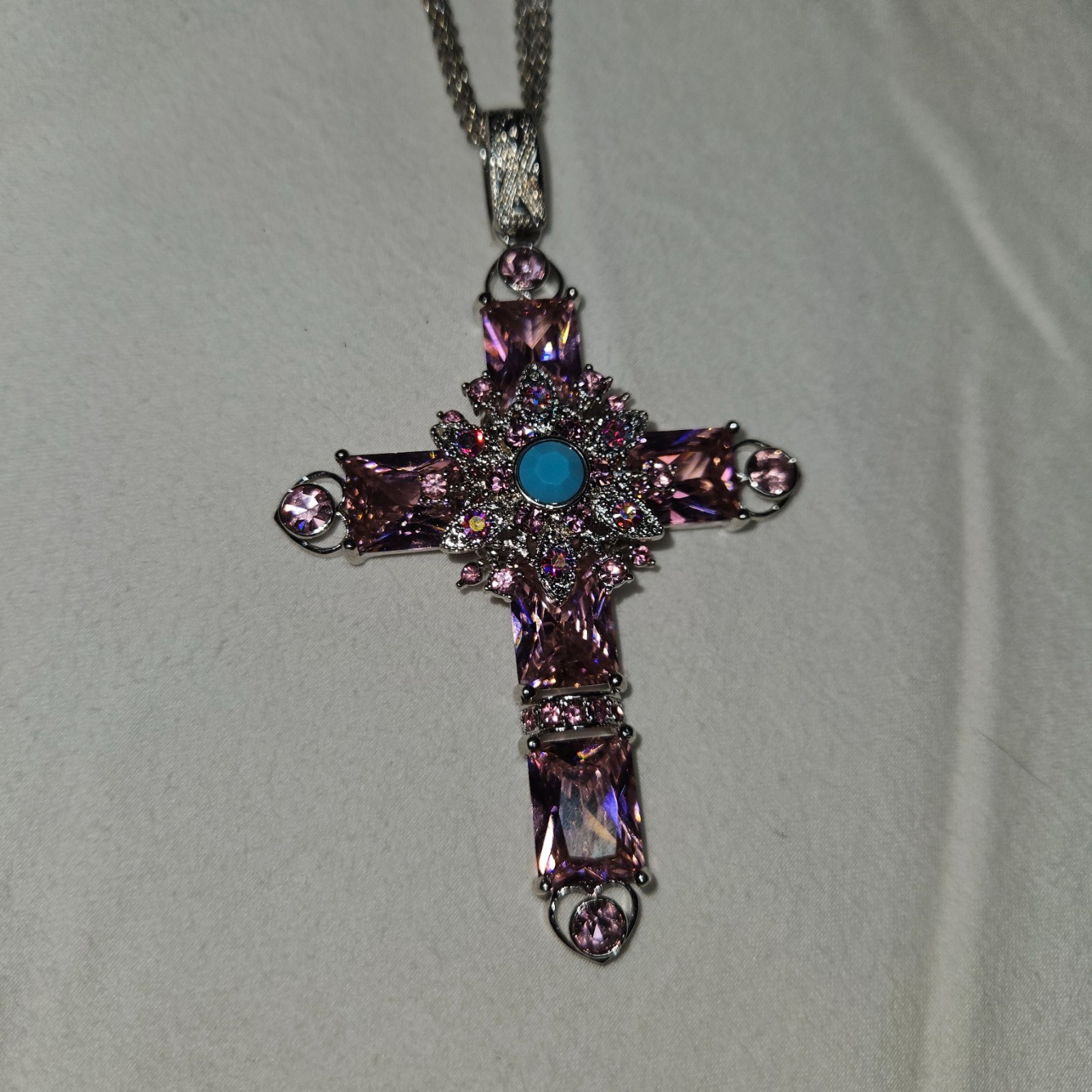 Silver tone Pink & Blue Rhinestone Cross Necklace Religious Christian 12″ 40g