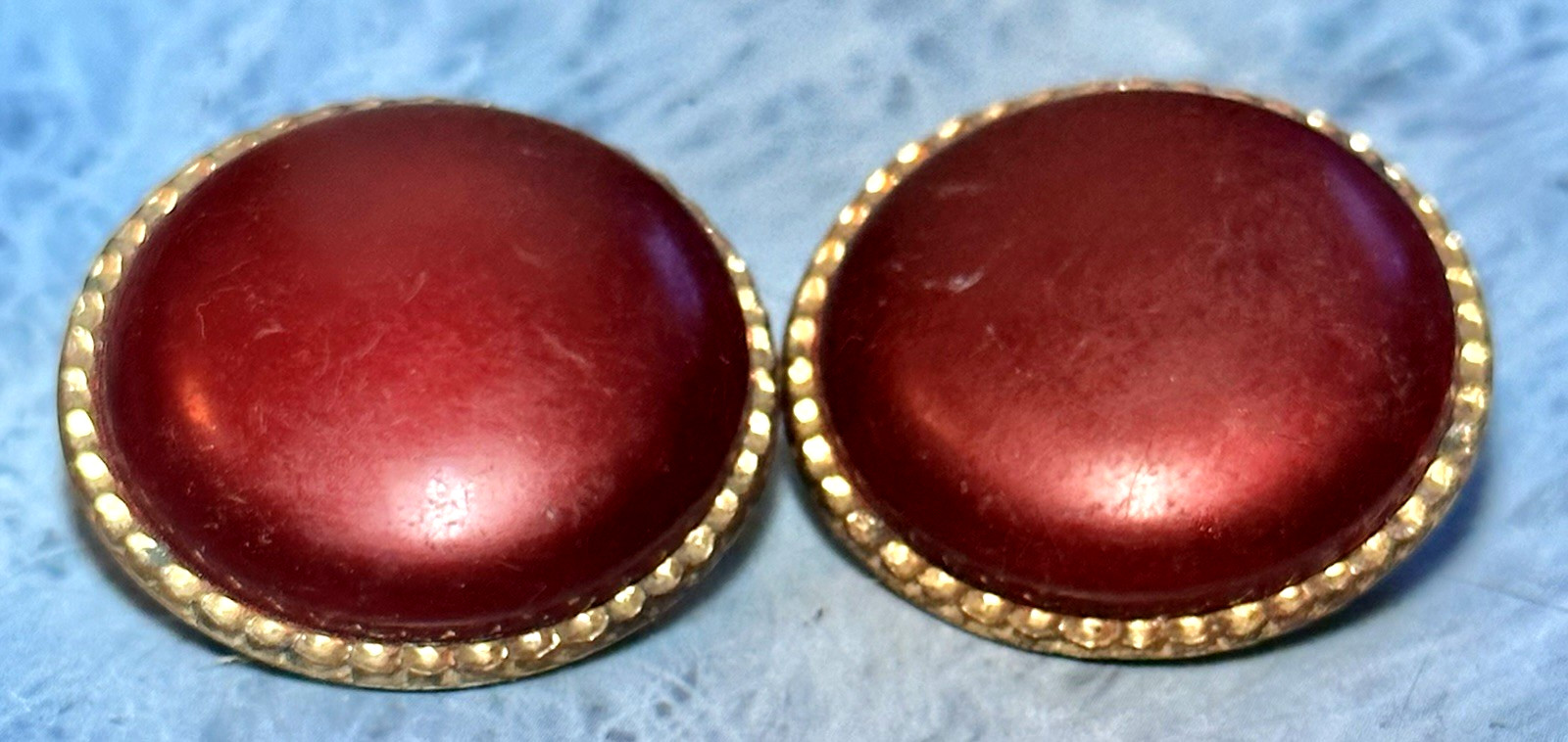 Vintage Gold Tone Maroon/Burgundy Button Clip on Earrings 1.25″