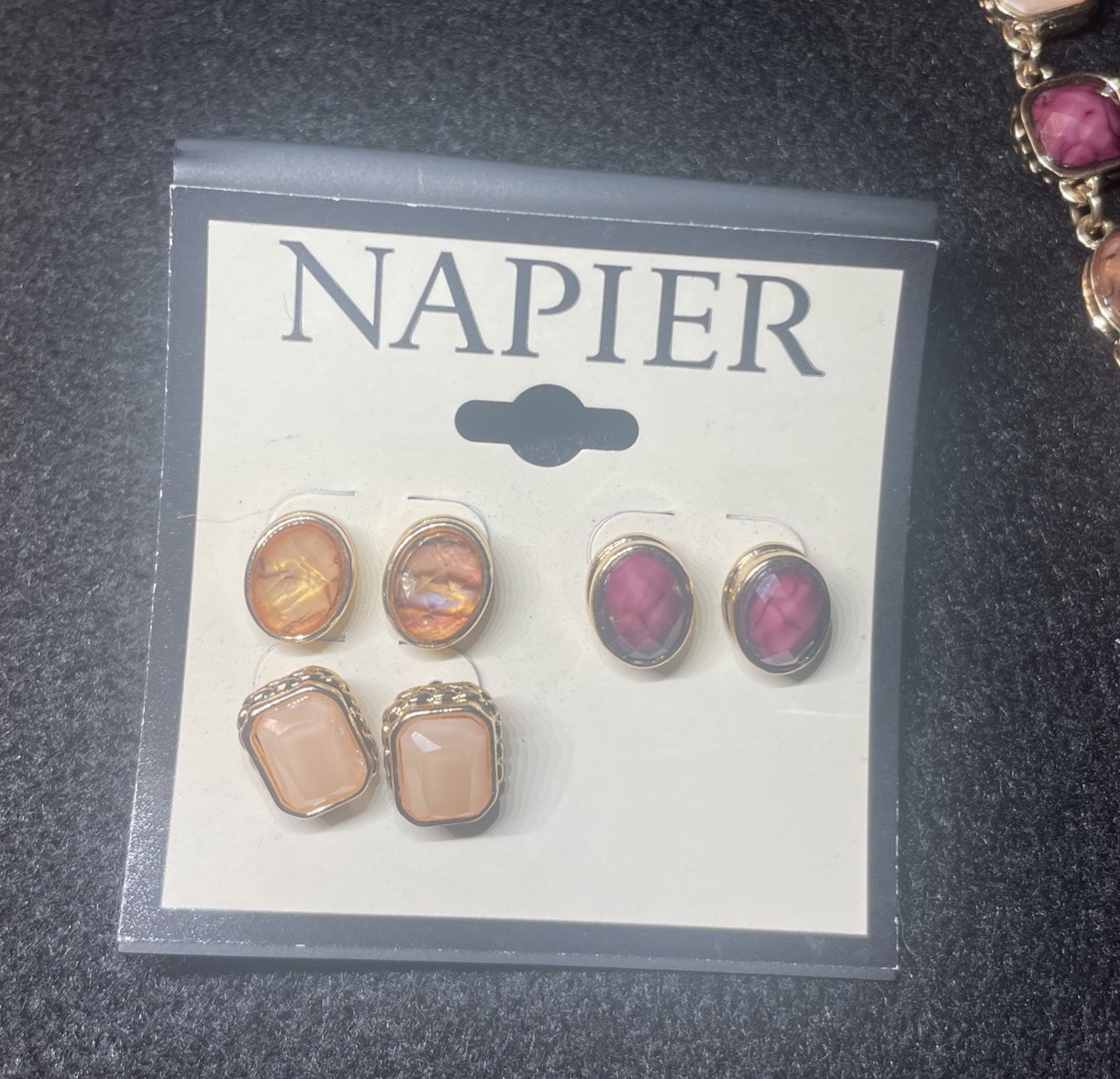 NAPIER gold-tone NECKLACE and 3 Pair EARRINGS Peach Orange Pink Plum Beautiful