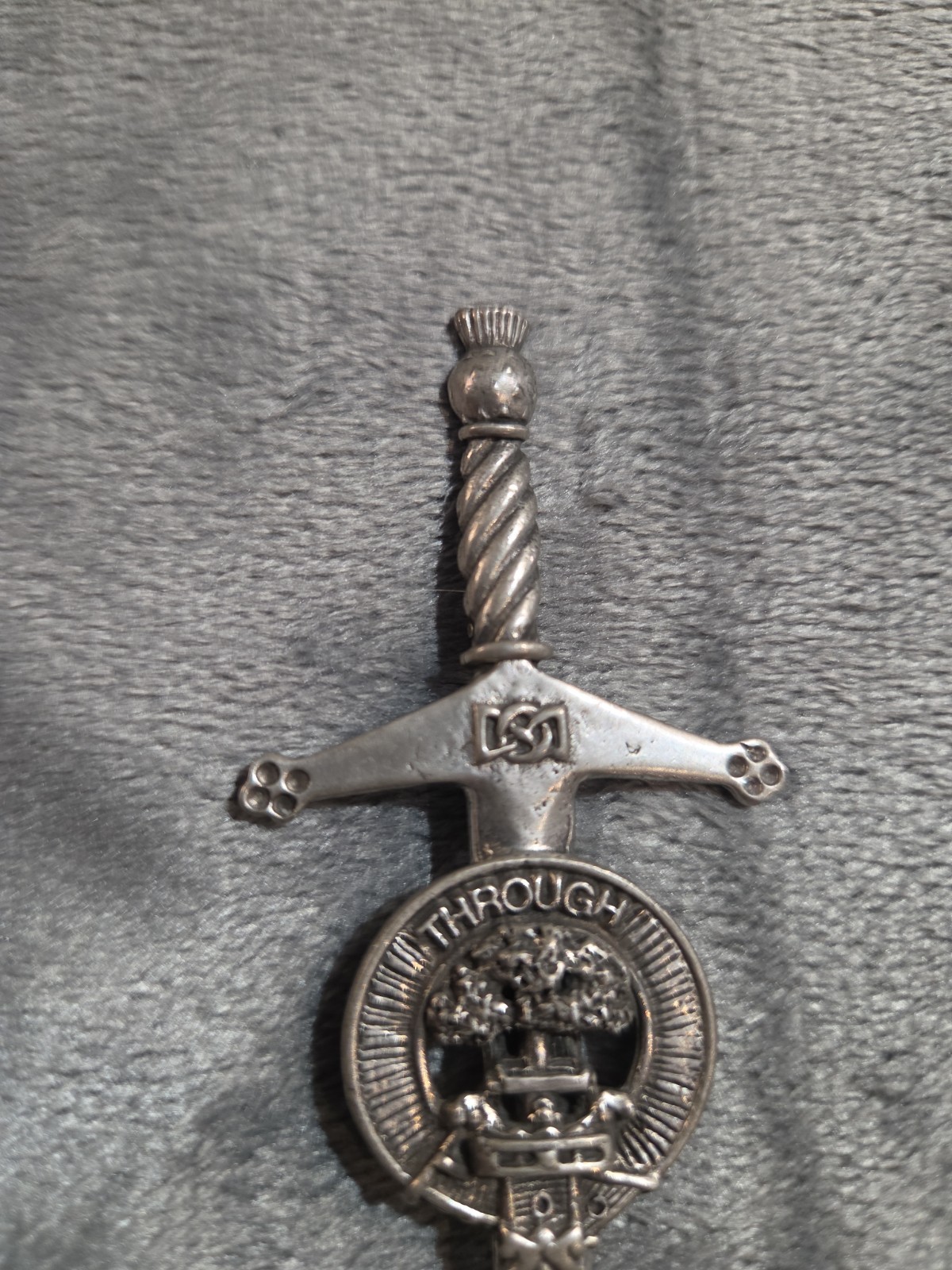 Vintage Scottish Kilt Pin “THROUGH” Sword And Shield Made In Scotland 3.75″