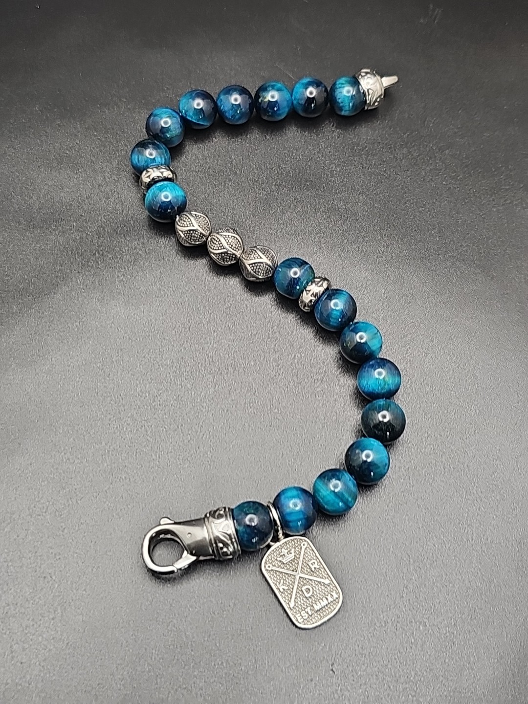 10mm Hand Made Deep Blue Tigers Eye Beaded Bracelet with Stainless Steel Clasp