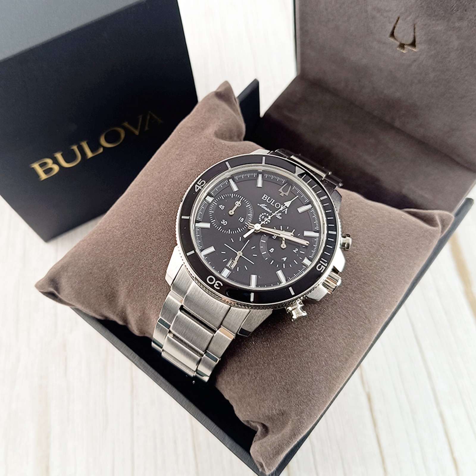 Bulova Marine Star Series C 96B272 Black Dial Quartz Men Chronograph Watch 45mm