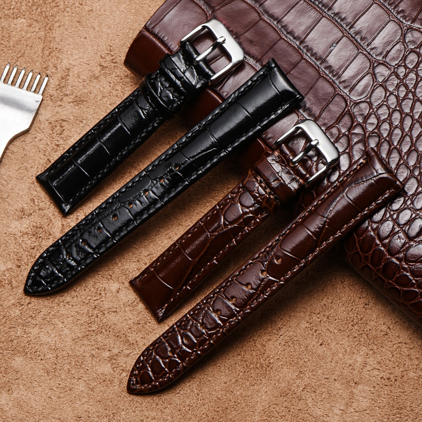 18-24mm Watch Strap Band Genuine Leather Alligator Patterned Deployment Clasp