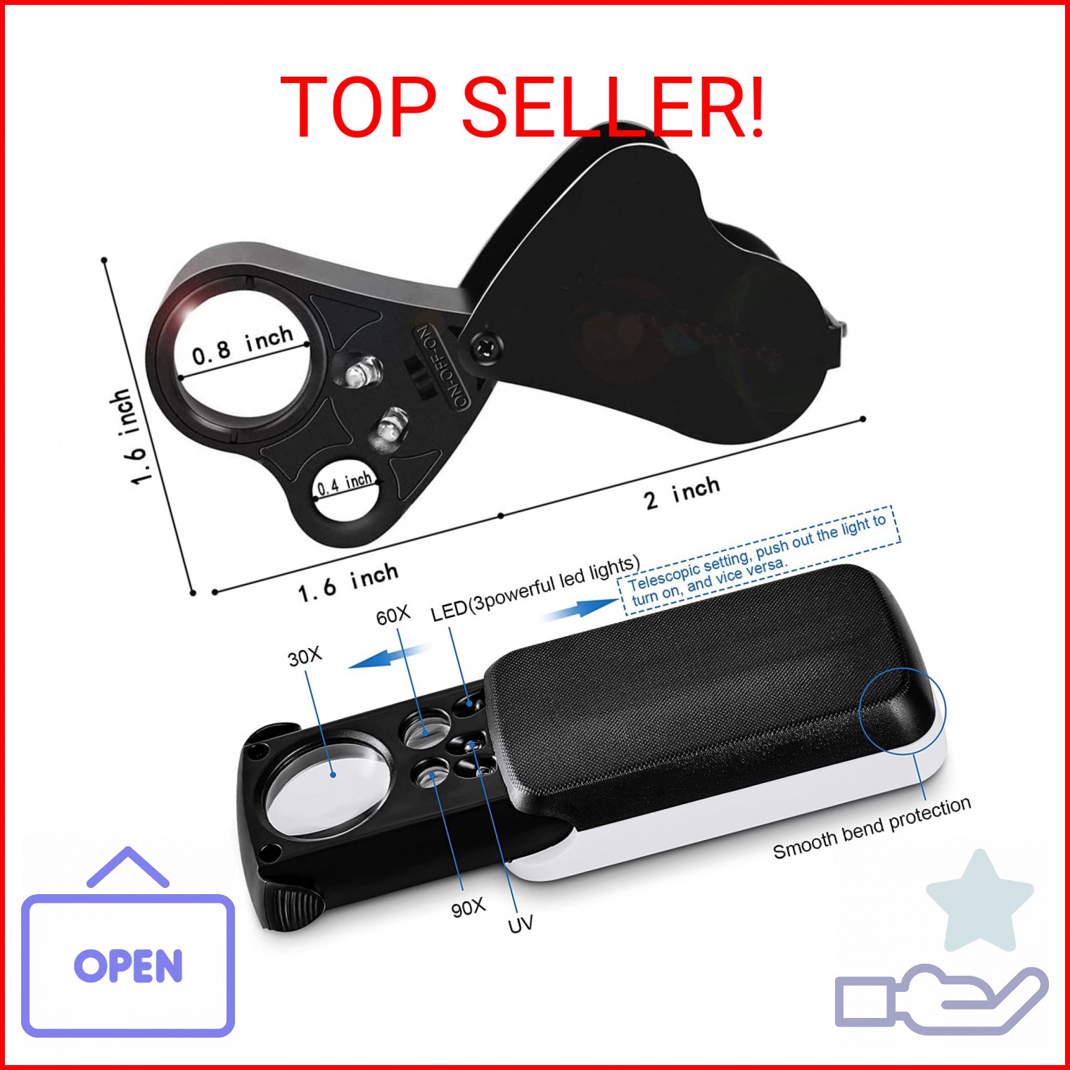 HMKIS Jewelers Loupe, 2 Pack Magnifying Glass with Light, 30X 60X 90X Jewelers L
