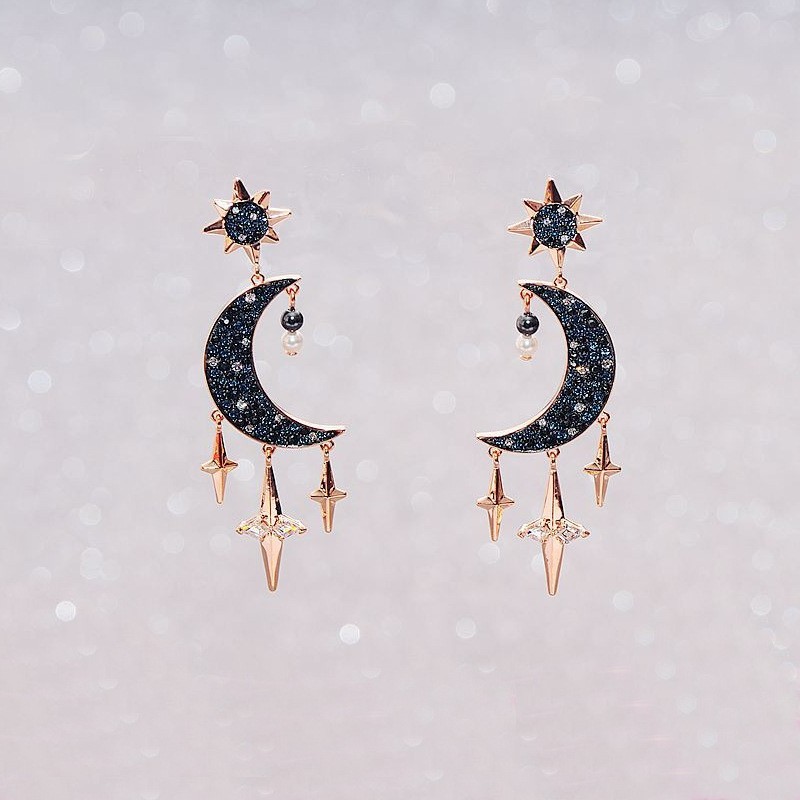 Swarovski Crystal Moon & Star Earrings – Mysterious Pearl Tassel Jewelry