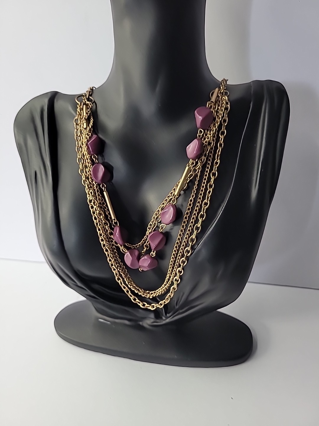 Vintage Necklace Multi Strand Chain Beaded Purple Bar Jewelry Costume