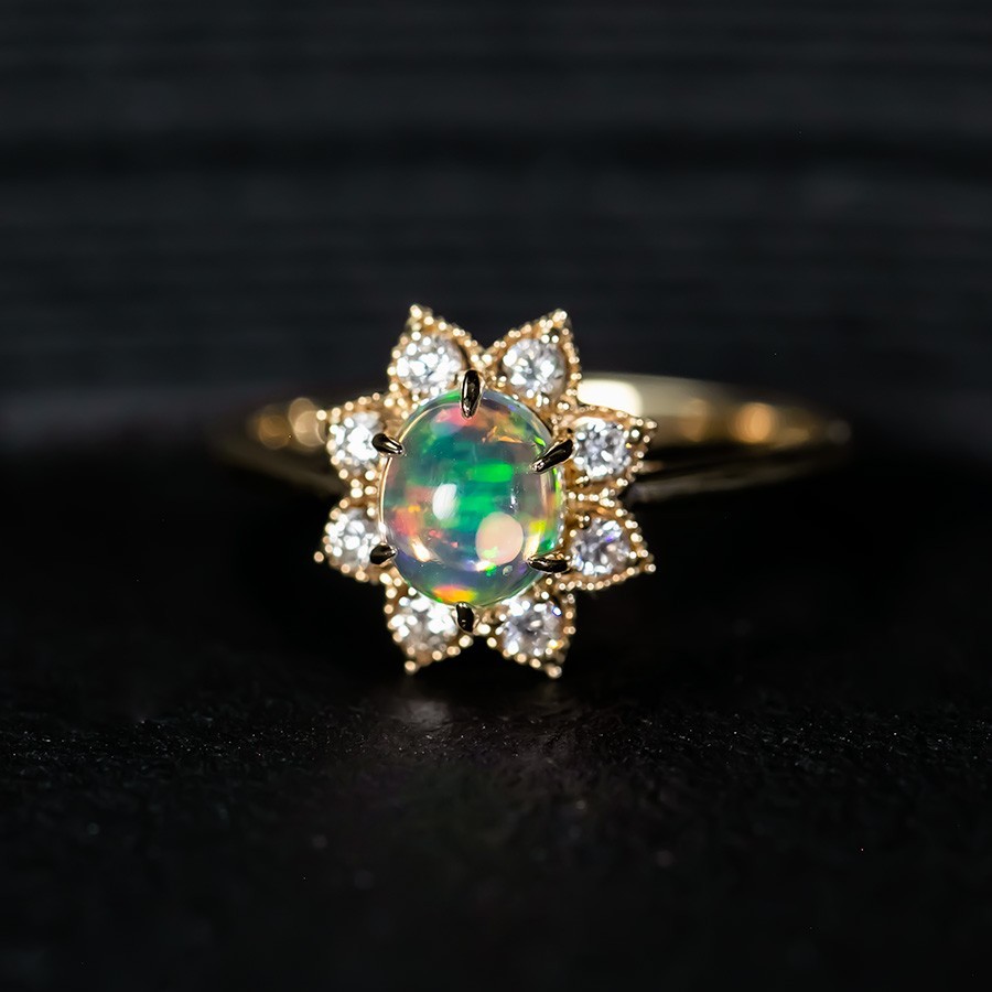 Sunflower Fire Opal Diamond Engagement Ring 14K Yellow Gold