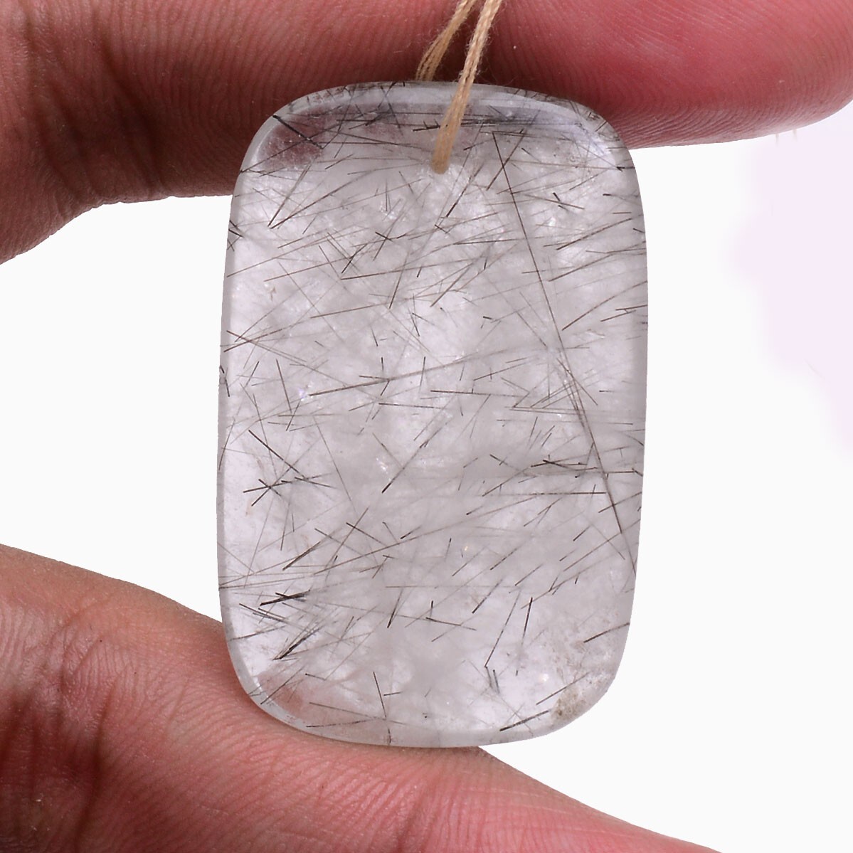 67.00 Cts Natural Rutile Quartz Black Needles Drilled Cushion Untreated Gemstone