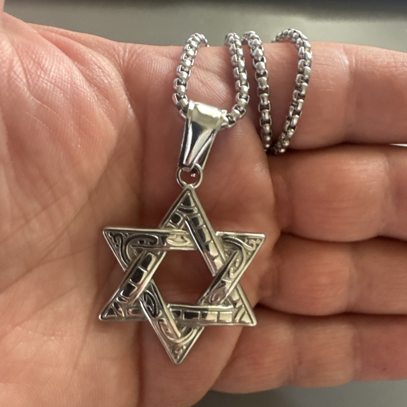 Stainless Steel Hebrew Jewish Israel Star of David Necklace Bar Mitzvah Silver