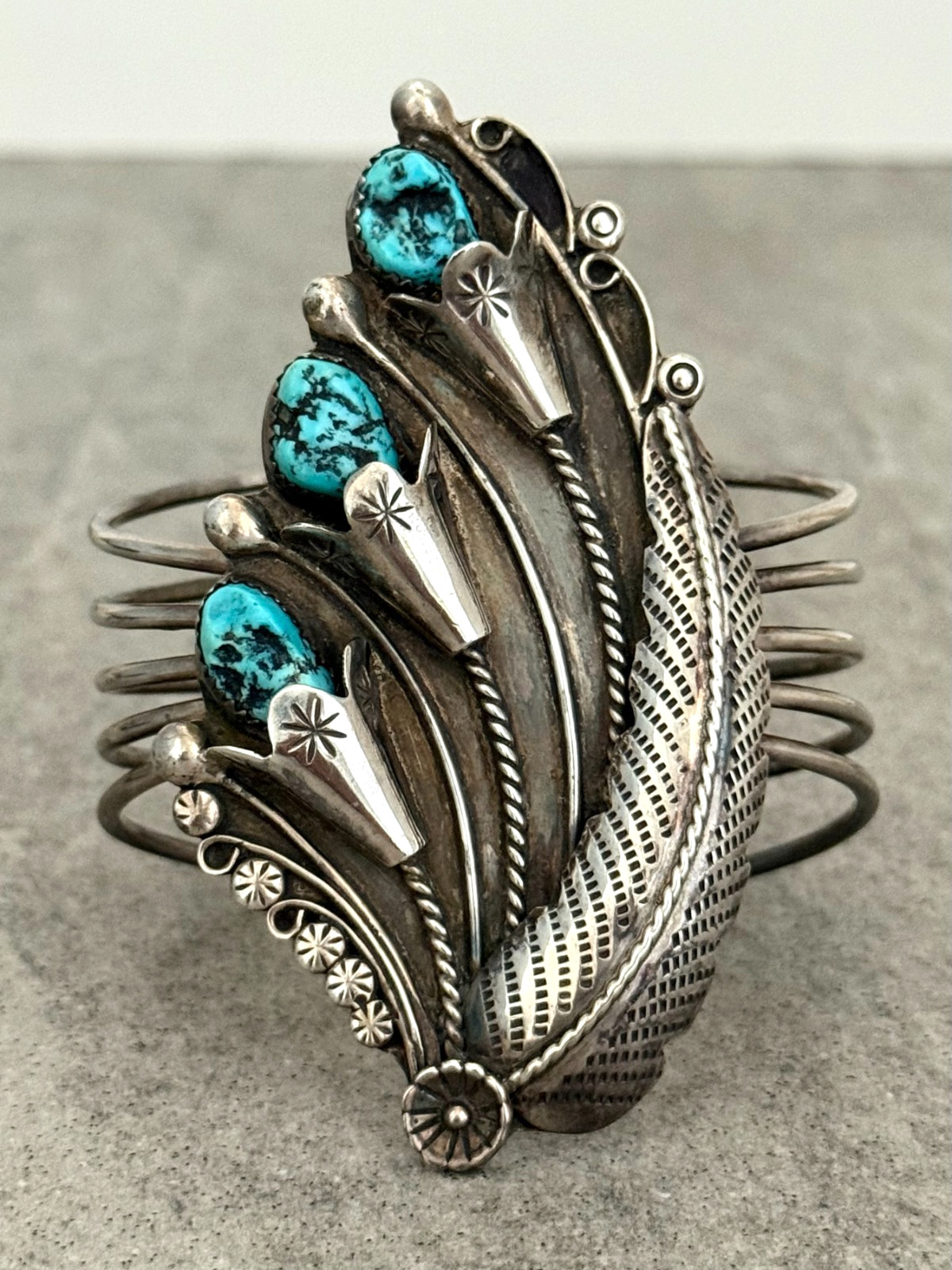 Vintage Navajo Turquoise Sterling Silver BLOSSOM Bracelet 6.7 in