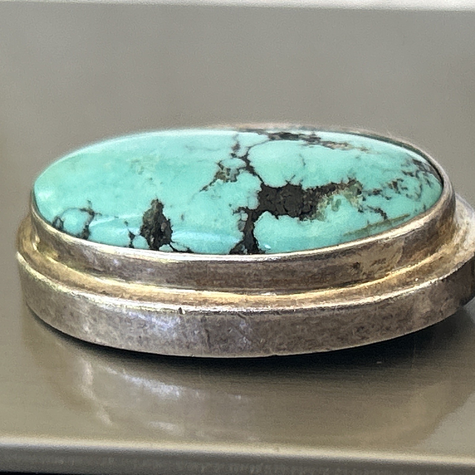 Vintage Turquoise Silver Oval Pendant 1 1/2″ x 3/4″ 13G
