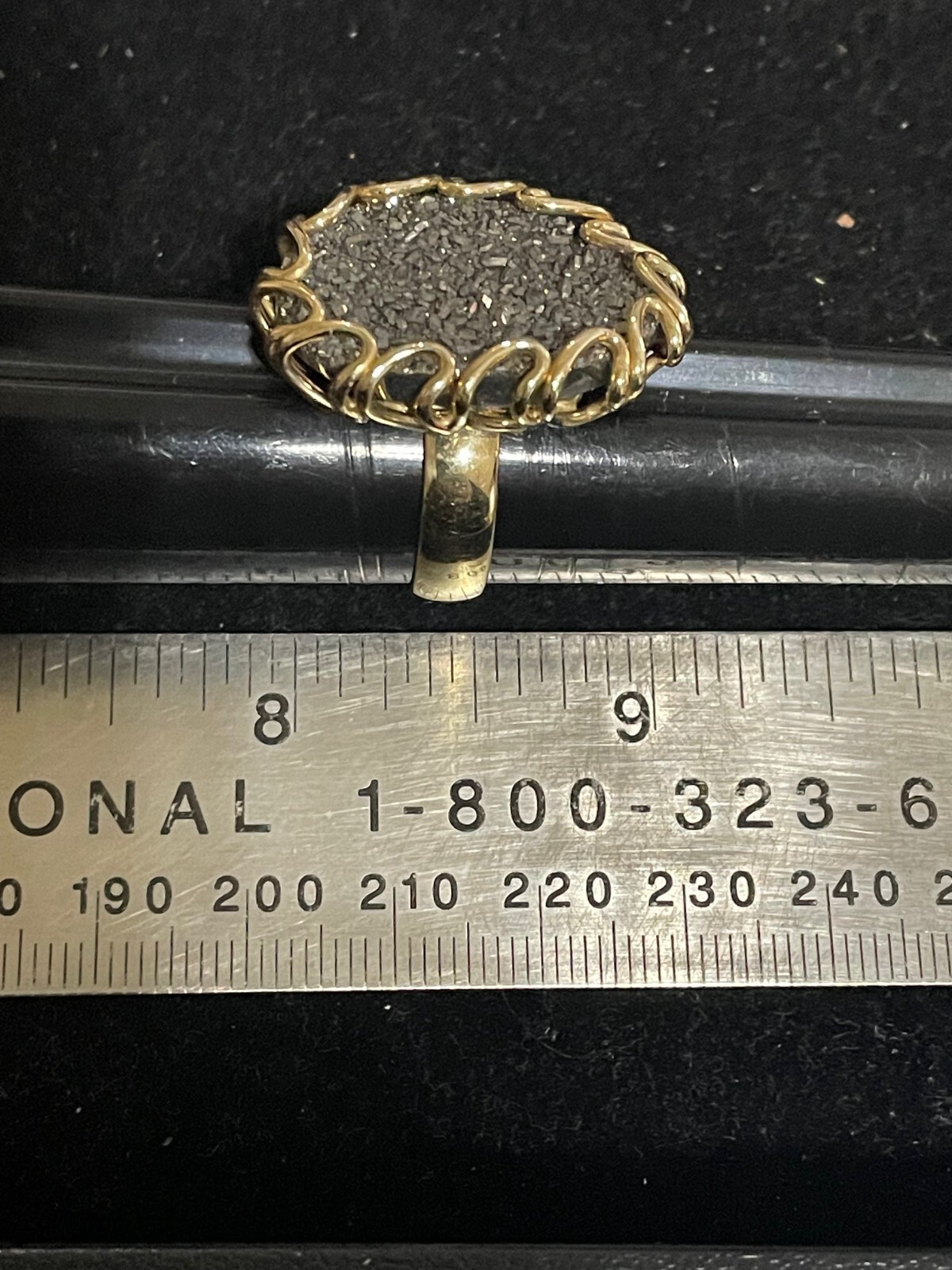 Yellow Gold 14K Italy Milor Large Gray Black Druzy Quartz ring Size 9
