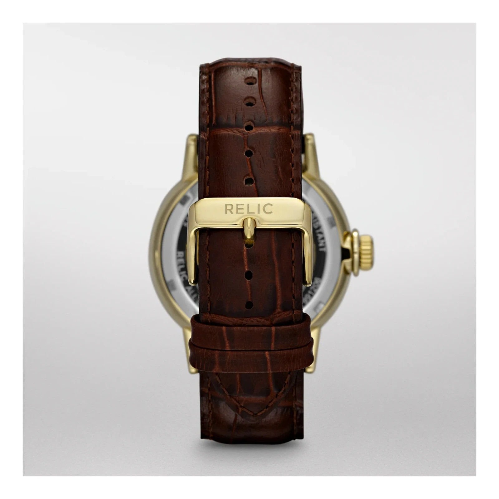 Relic by Fossil Men’s Automatic Watch ZR77241 Gold Case Brown Leather Strap