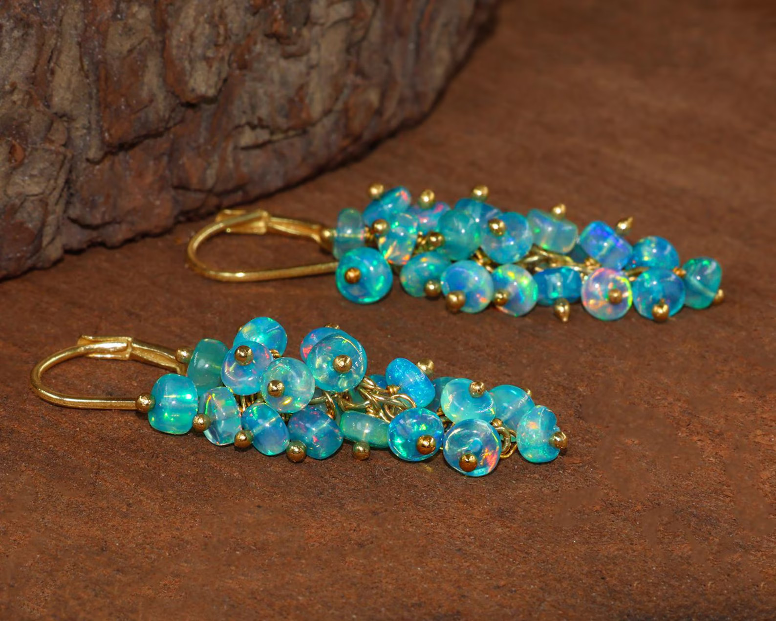 Natural Paraiba Opal Cluster Earrings 925 Silver Leverback October Birthstone