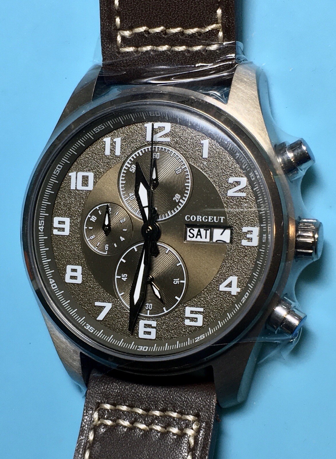 CORGEUT BRONZE DIAL CHRONO WATCH STAINLESS STEEL DAY DATE QUARTZ PILOT WATCH NEW