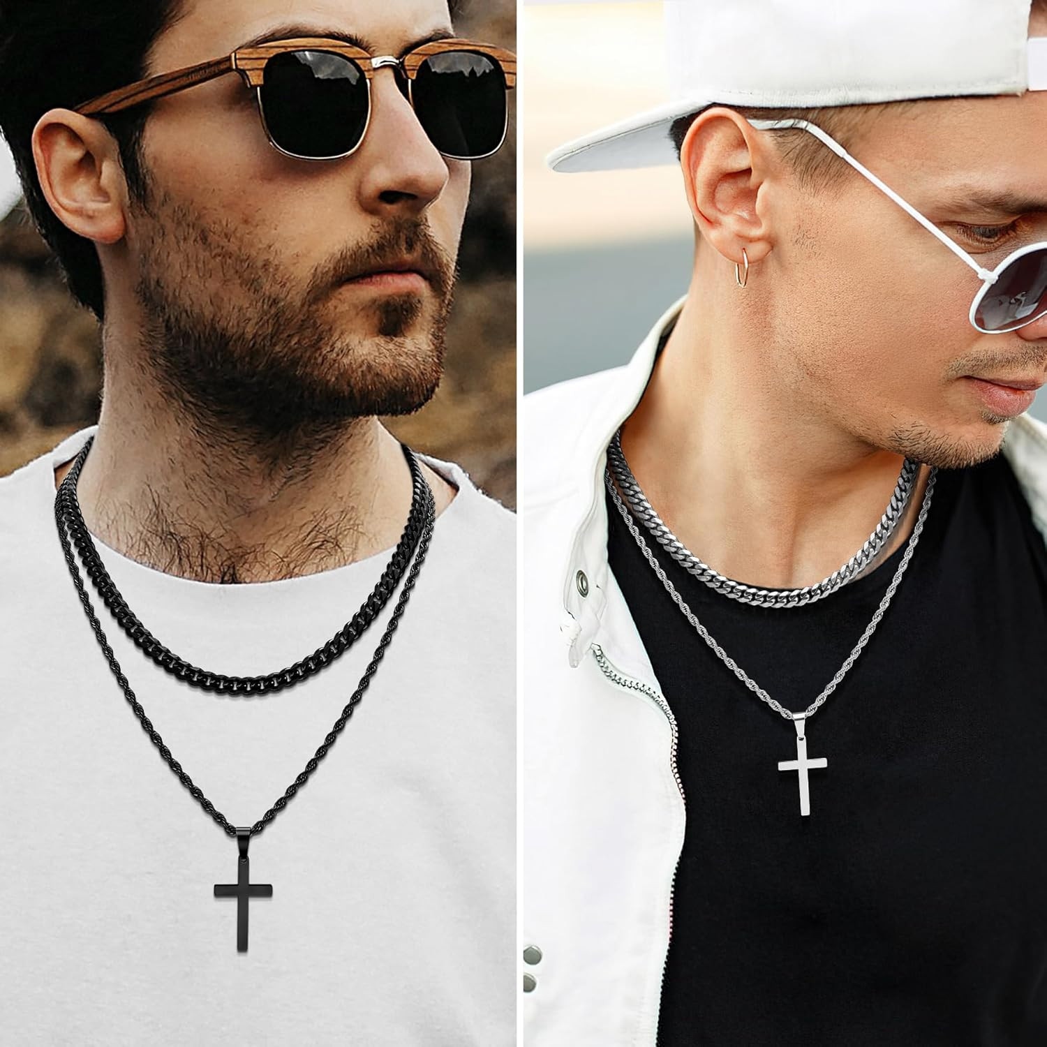 4Pcs Cross Necklace for Men Teen Boys,Stainless Steel Chains for Men Layered Nec