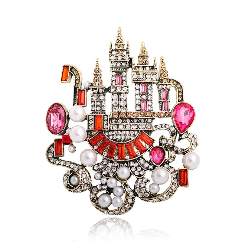 Vintage castle alloy rhinestone brooch colorful diamond crystal pearl Badge
