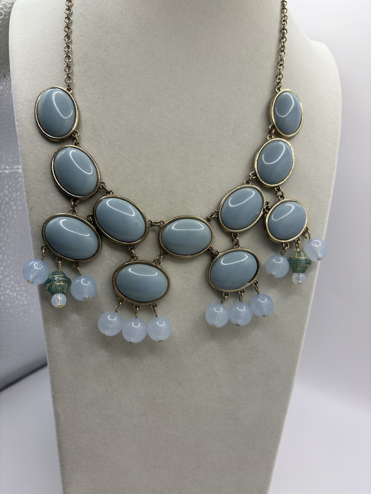 Oval Slate Blue & Opaline Gold Tone Bib Collar Statement Necklace