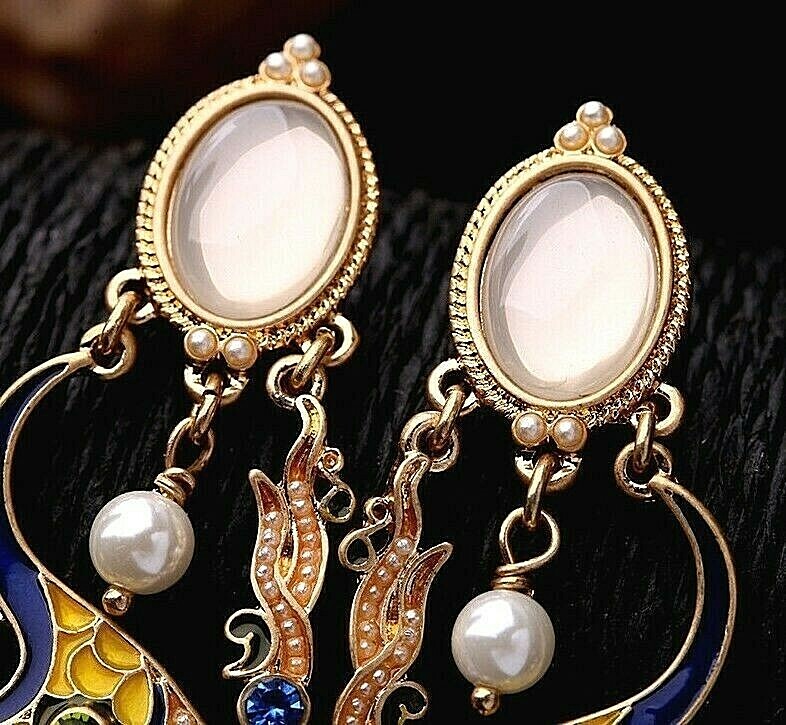 US Seller Betsey Johnson Metallic Jewel Fish Dangle Earrings Blue Yellow Pearl