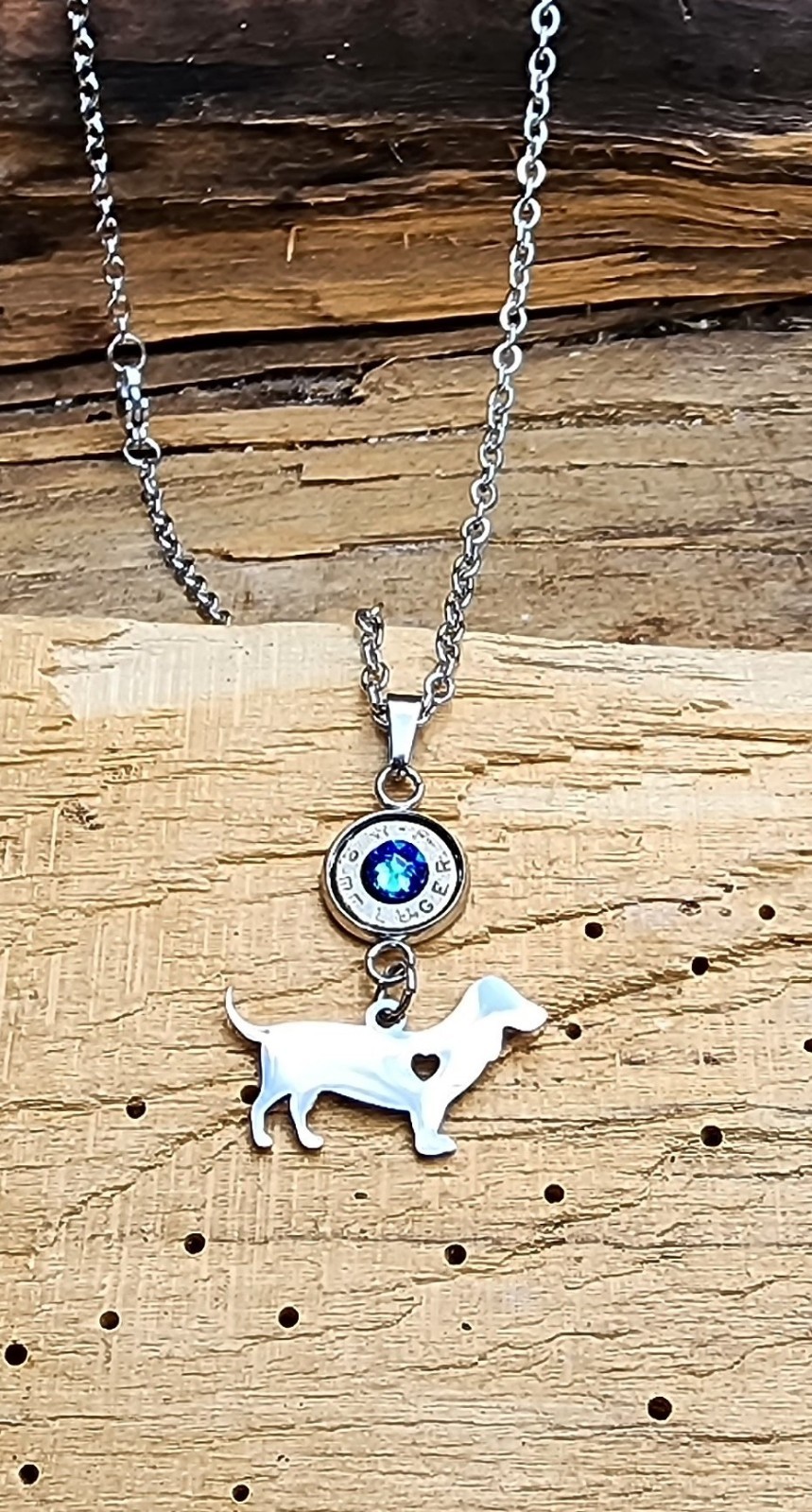 Stainless Steel Bullet Necklace with Dachshund Charms. Optional Crystal.