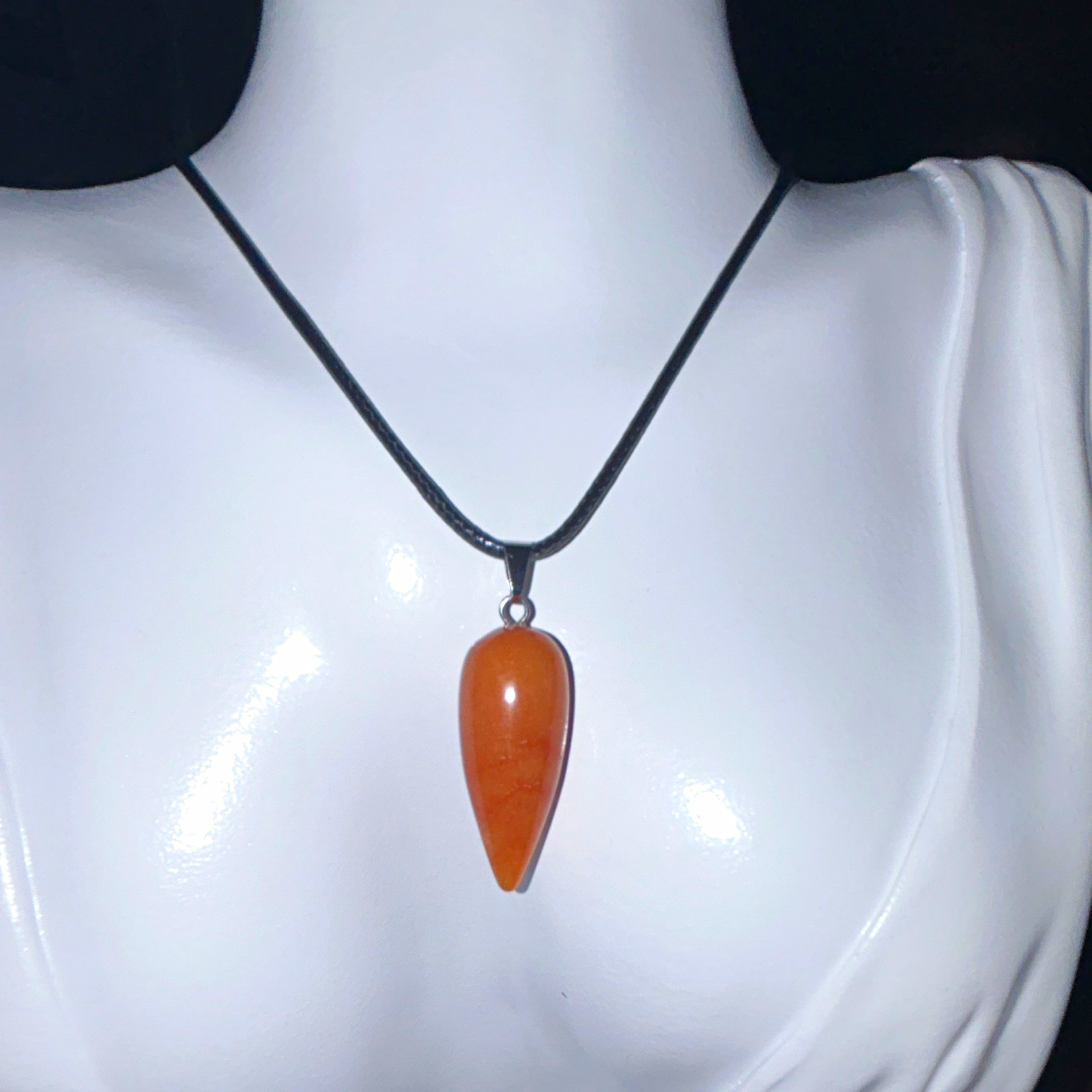 Red Aventurine Pendent with Leather black Necklace. Silver-tone