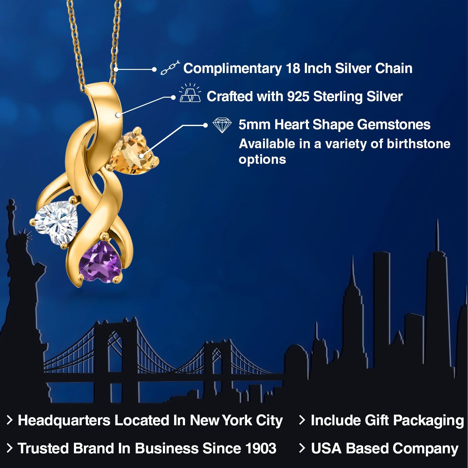 18K Yellow Gold Plated Silver Citrine and White Moissanite and Amethyst Pendant