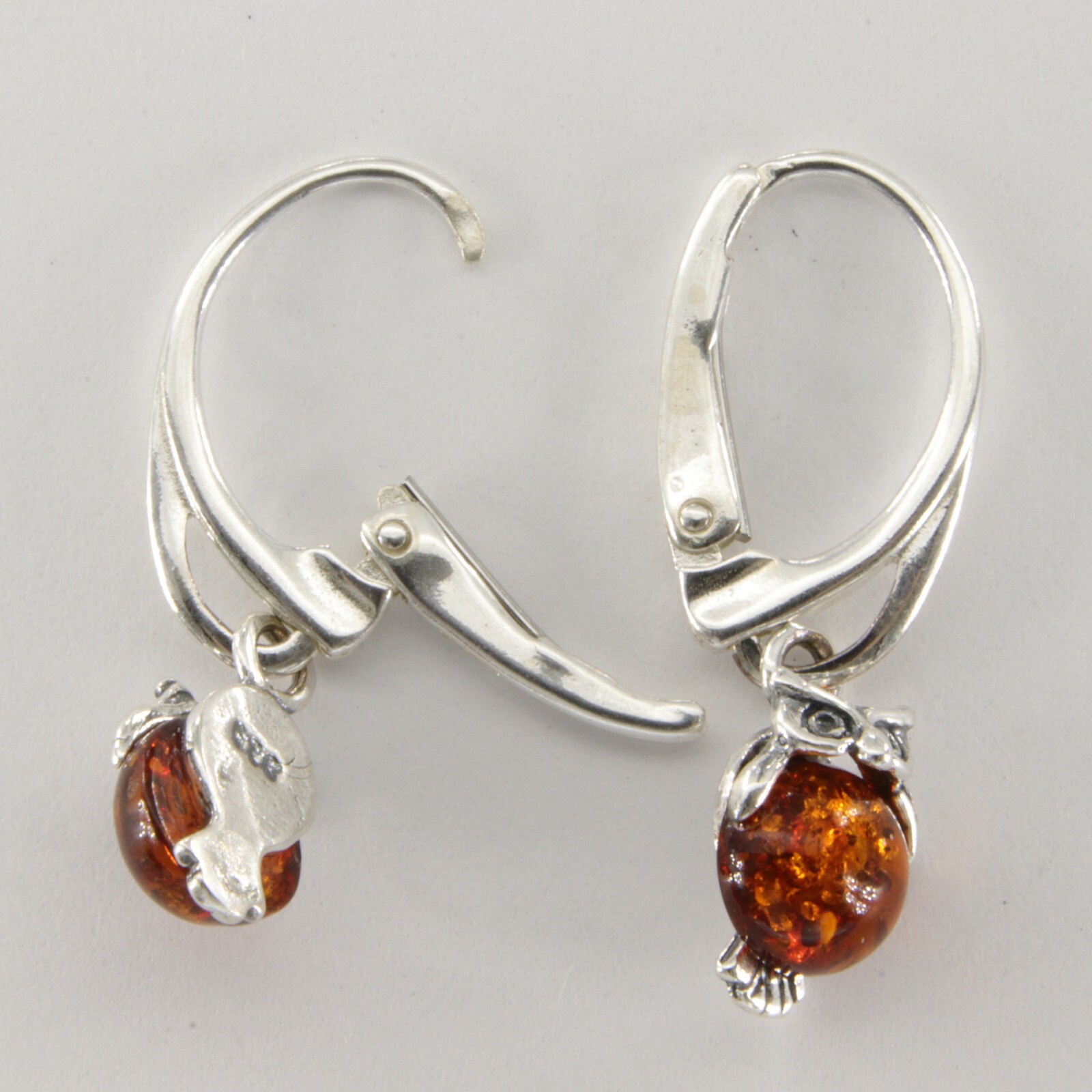 Cognac / Brown BALTIC AMBER Owl Leveback Earrings 925 STERLING SILVER #5573e