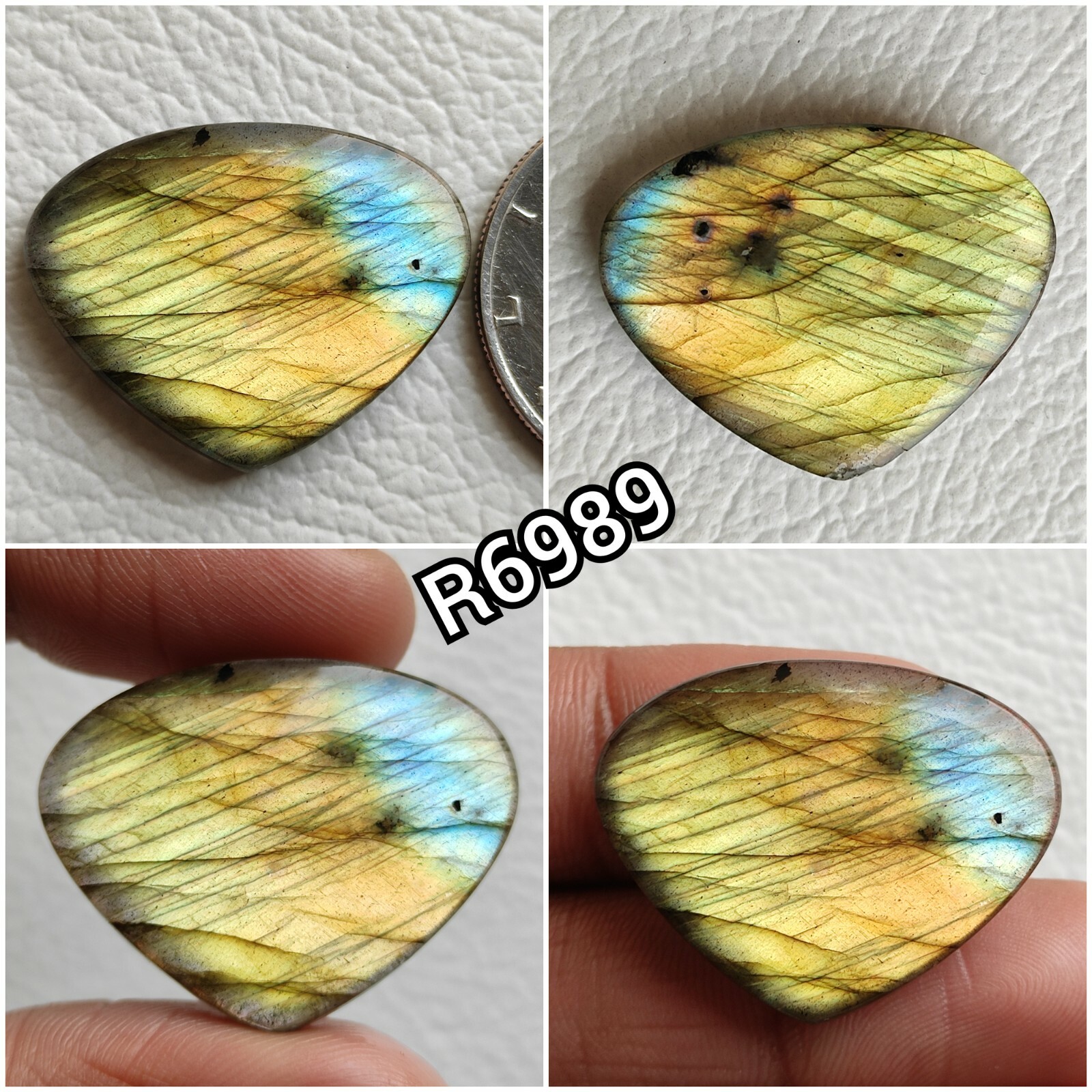 Rare Golden Blue Flashy Labradorite Cabochon Heart Shape Big Stone R6987-R6990