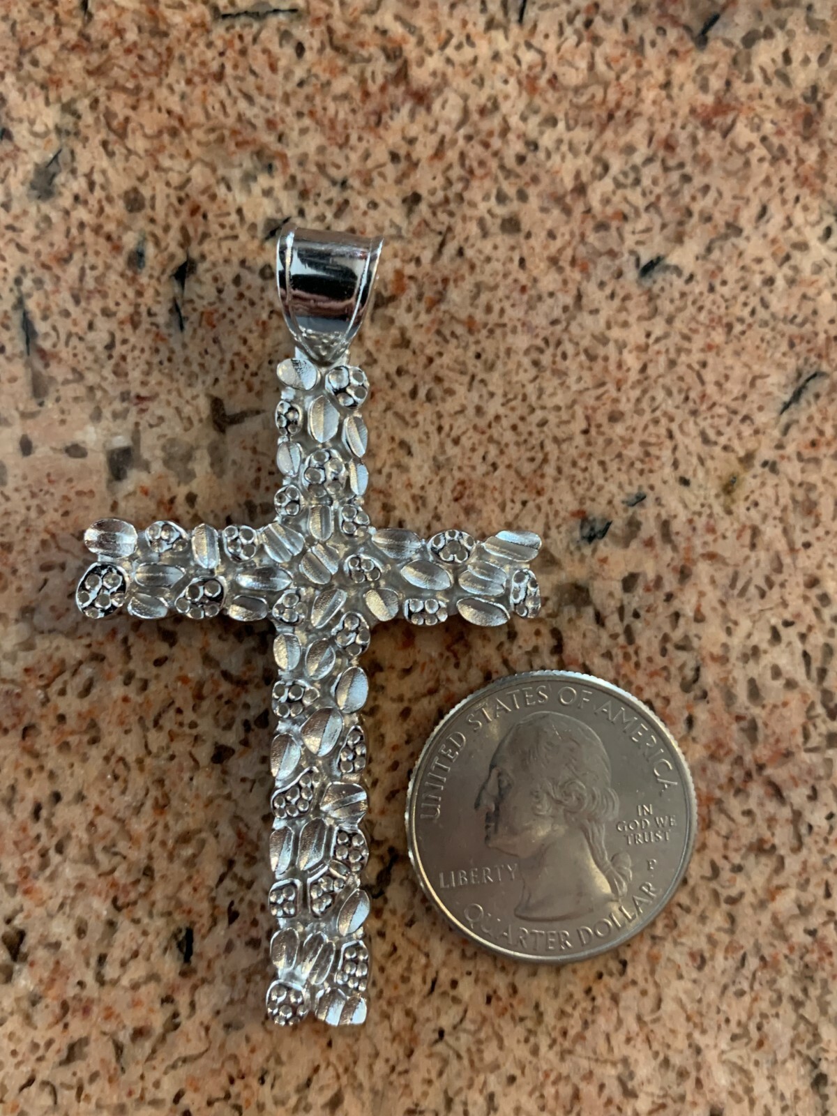 Mens Large 2.25″ Solid 925 Sterling Silver Nugget Cross Pendant Crucifix Chain