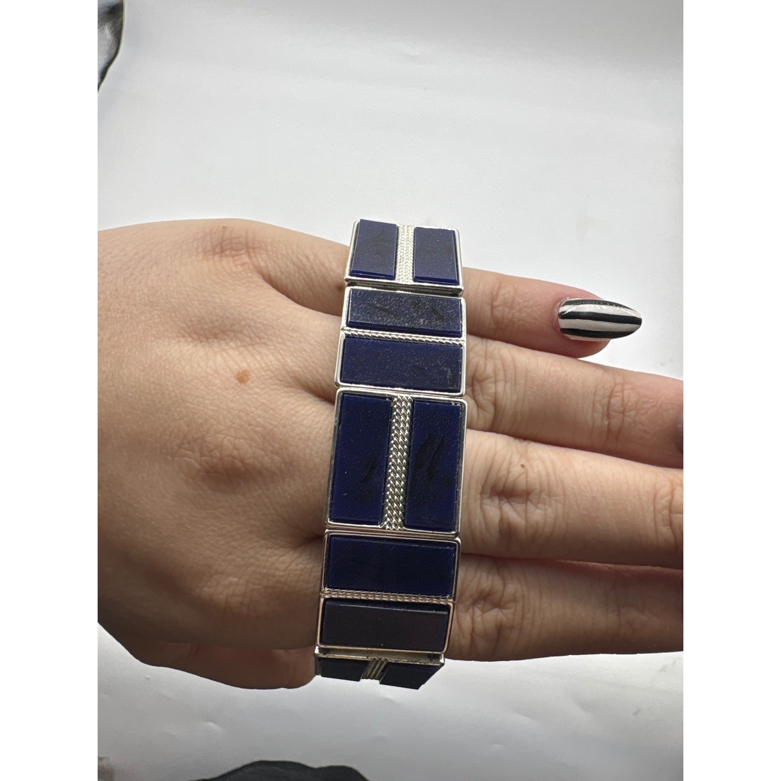 Vintage Silver Tone Cobalt Blue Black Geometric Stretch Statement Bracelet