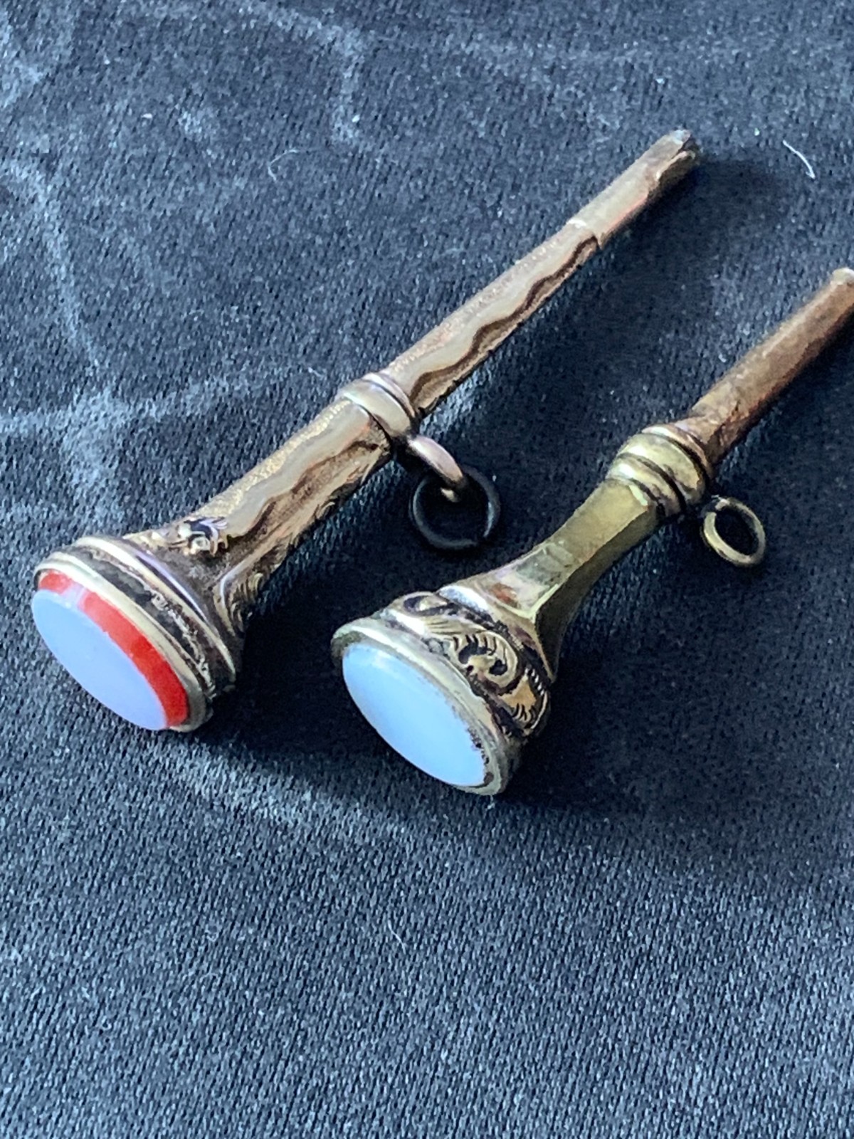 Pair Georgian-Victorian Hand Engraved Watch Key Trumpet Fobs with Agate Seal