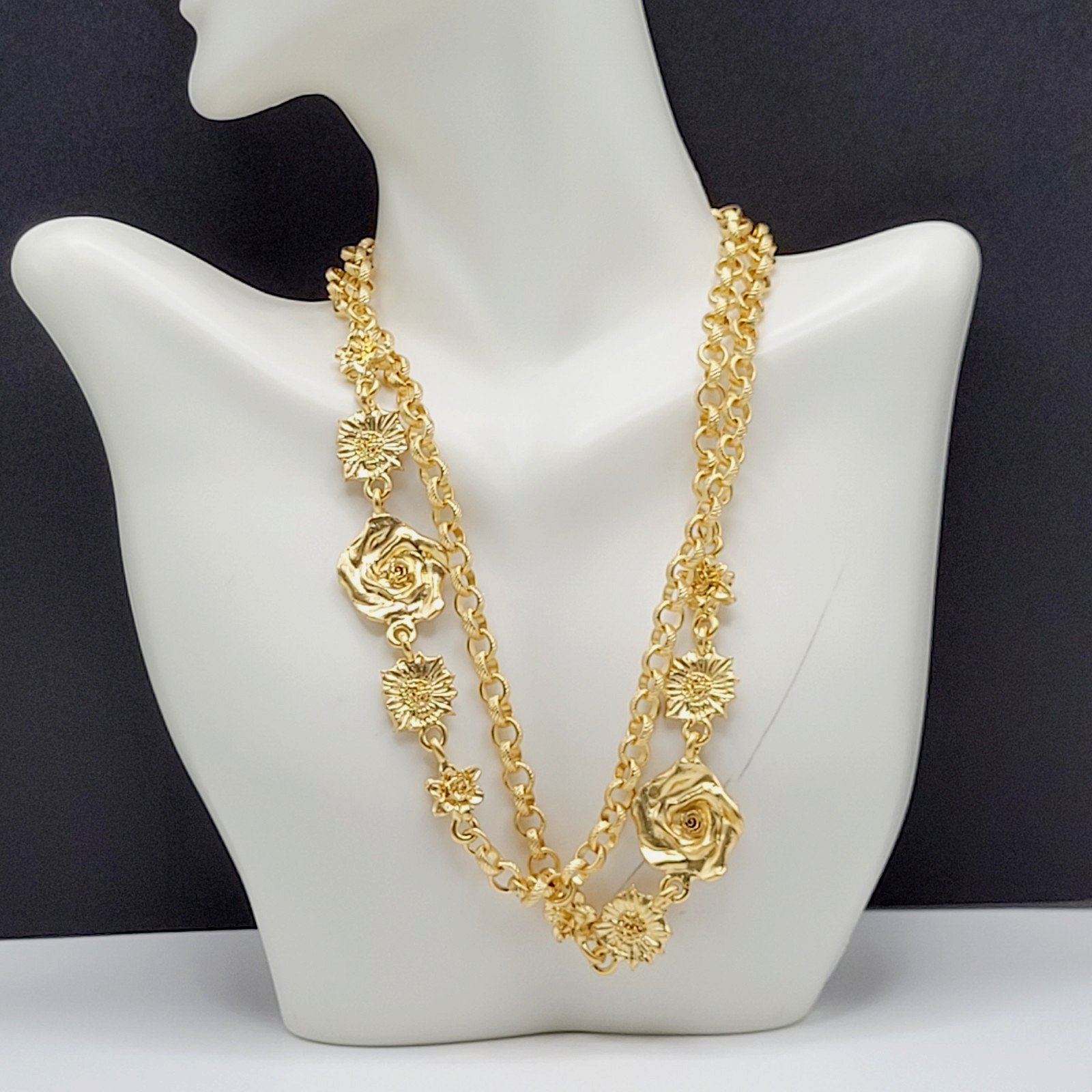 Unique Rose Floral Station Style Bright Gold Tone Sautoir Vintage Necklace Korea