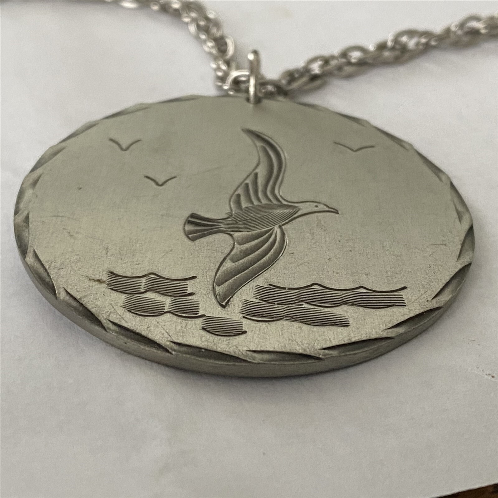 Vintage Heritage Pewter Seagull Pendant Large Round with Chain signed