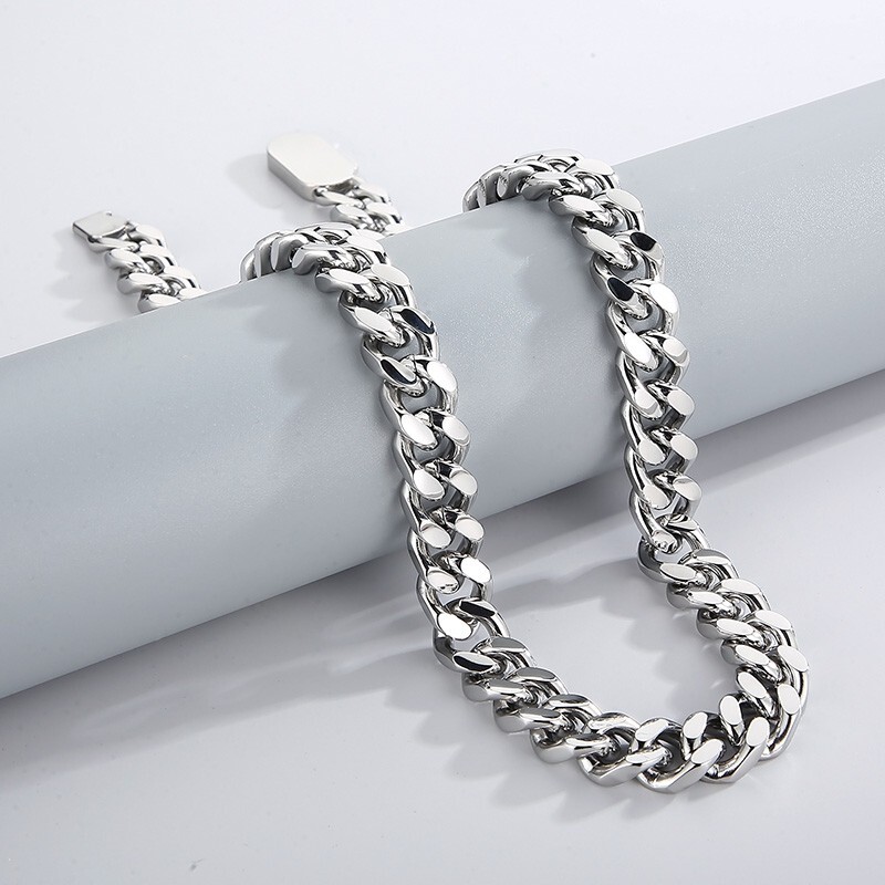 11mm Curb Chain For Mens Necklace Flat Cuban Stainless Steel Jewelry 24” Polish