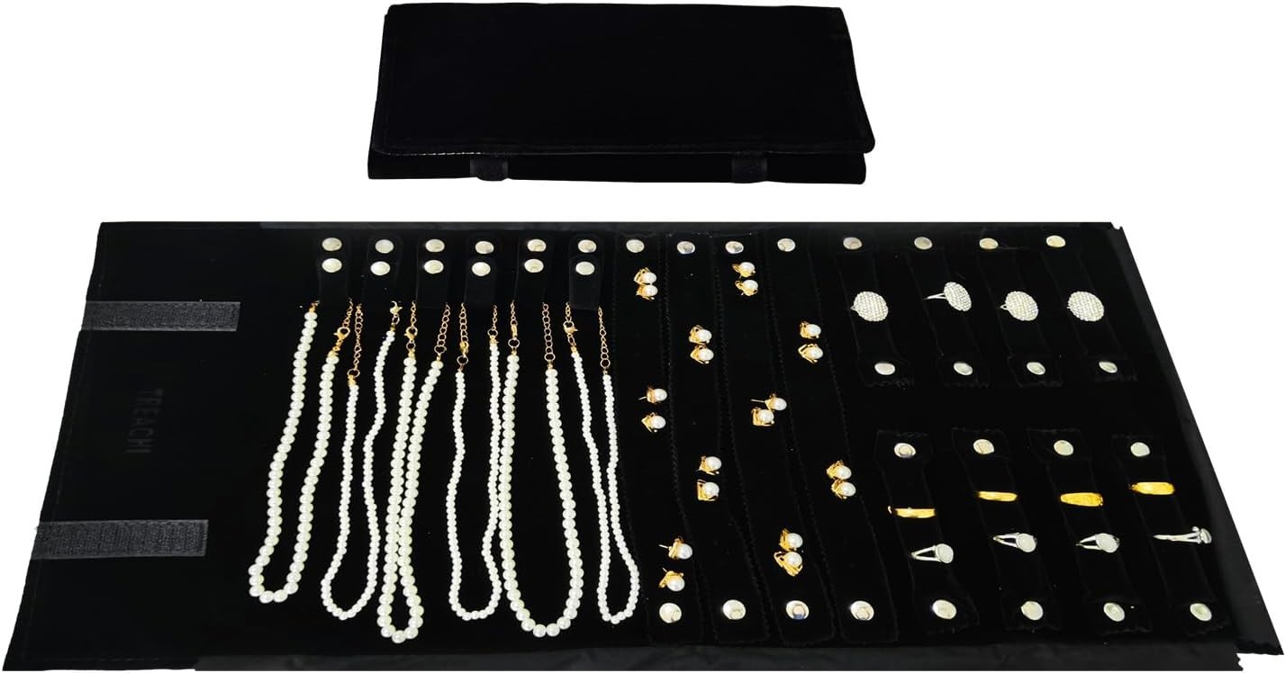 Portable Jewelry Organizer Roll Bag Black Velvet Adjustable Foldable Design