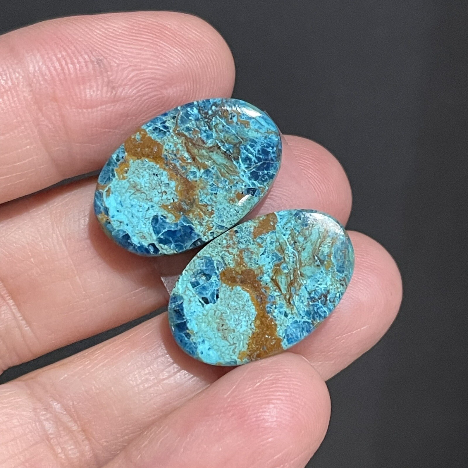 31ct 22×14.5×5.4mm Pair Of Green Blue Shattuckite Oval Cabochons Gems