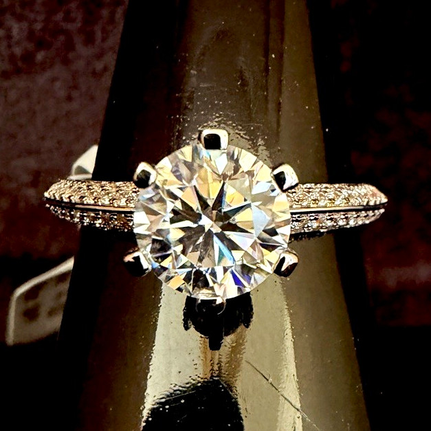 GRA 1.5ct Round D White Moissanite Prong Pavé Engagement Ring 14k WG Filled Sz 9
