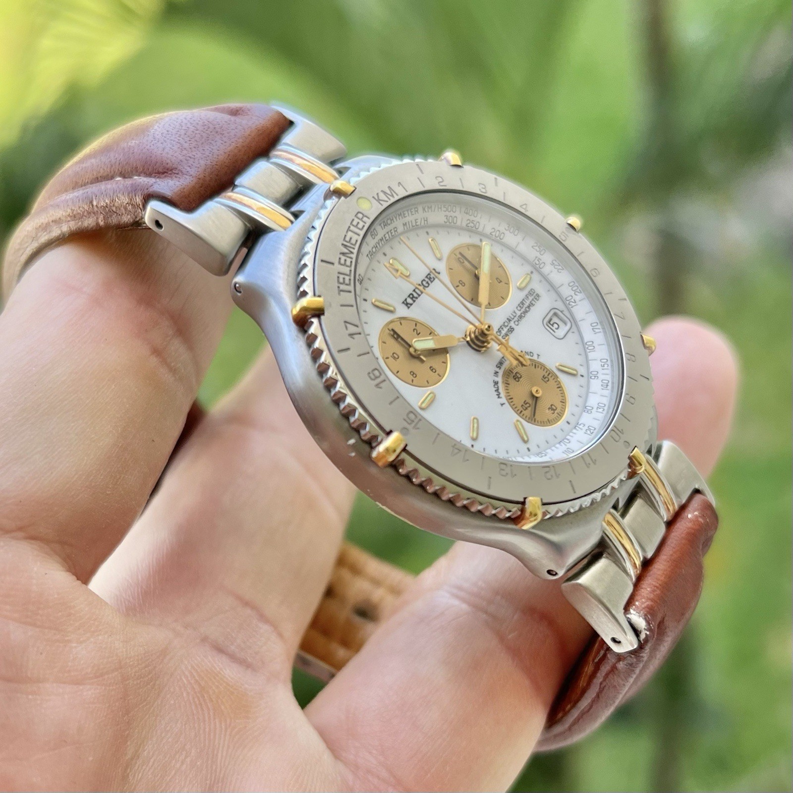 Steel 18K Gold 40mm Krieger Velocita C705 Quartz Double Chronograph Chronometer