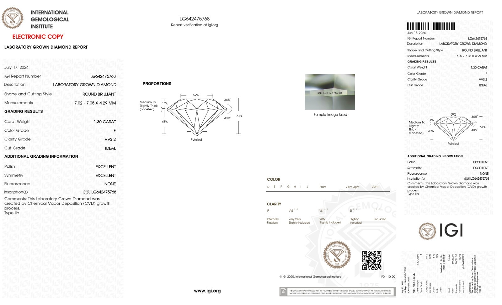 1.30 CT. F Color VVS2 Clarity IGI Certified Lab Grown CVD Round Diamond For Ring