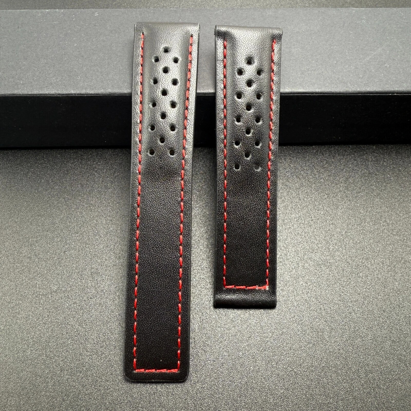 Black Red Genuine Leather Perforated Racing Watch Strap Band Made For TAG Heuer